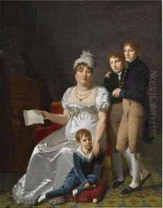 Portrait Of Madame B., Nee 
Etiennette Delagrange, Full Length,seated, Wearing A White Dress And 
Hat, Holding A Letter, With Herthree Sons by Jacques Antoine Vallin