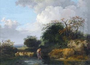 Paesaggio Fluviale Boschivo Con Una Pastora E Un Gregge Di Pecore by Jacques Antoine Vallin