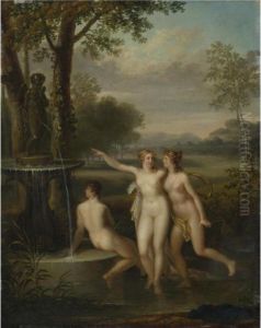 Three Nudes By The Fountain Of Love by Jacques Antoine Vallin