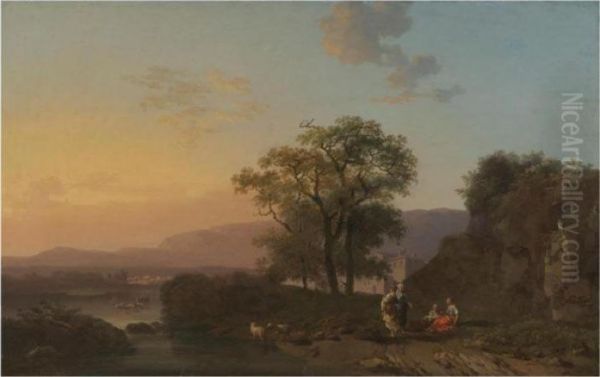 An Italianate River Landscape At Sunset With Shepherdesses Resting In The Foreground - view 1