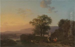 An Italianate River Landscape At Sunset With Shepherdesses Resting In The Foreground by Jacques Antoine Vallin