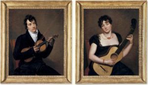 A Young Lady With A Guitar; A Young Man With A Violin, Possibly Pierre Rode by Jacques Antoine Vallin