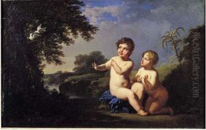 Deux Jeunes Enfants Regardant Un Couple De Colombes Deux Jeunes Enfants Regardant Un Couple De Colombes