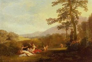 Nymphs And Fauns In A Landscape With A Statue Of Pan by Jacques Antoine Vallin