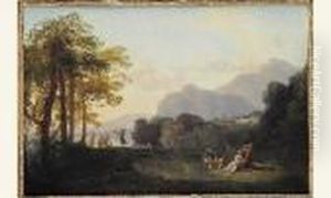 Bacchantes Dans Un Paysage Lacustre Panneau De Noyer Prepare, Une Planche, Renforce by Jacques Antoine Vallin