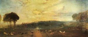 The Lake, Petworth: sunset, fighting bucks