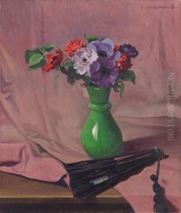 Bouquetd'anemones Et Eventail - Anemones Et Pot Vert by Felix Edouard Vallotton