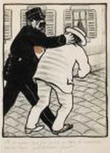 "v'la Un Cochon Que J'ai Pince En Train De S'asseoir Sur Un Bancfraichement Peint!"
Le Canard Sauvage, 23 Mai 1903 by Felix Edouard Vallotton
