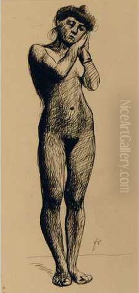 Modele Vers 1908. Dessin A La
Plume Et Encre Brune Sur Papier Contrecolle Sur Carton, Signe Fv En Bas A
Droite. 31 X 15 Cm. Certificat De Marina Ducrey, Reproduit Dans Le
Catalogue De L Oeuvre De Felix Vallotton - view 1