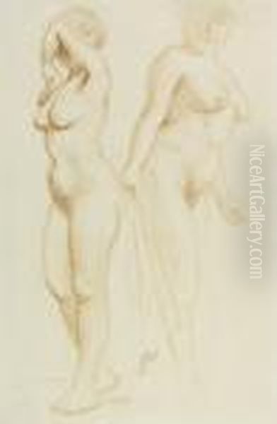 Deux Nus Debout. - Studienblatt Mit Zwei Akten In Ganzer Figur - view 1