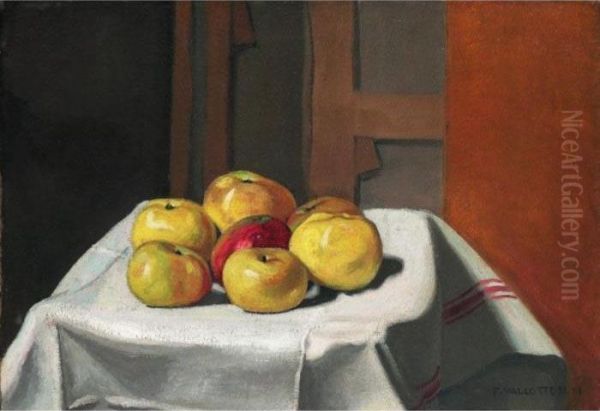 Sept Pommes Jaunes Sur Une Serviette - view 1