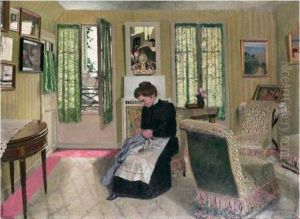 Chambre Gris-vert Avec Femme En Noir Cousant