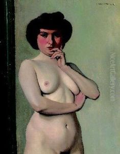 Torse De Femme Nue Sur Fond Paravent Bleu. by Felix Edouard Vallotton