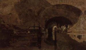 Men and barges at tunnel entrance