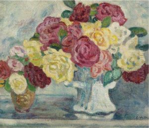 Bouquets De Roses Sur Fond Bleu by Louis Valtat