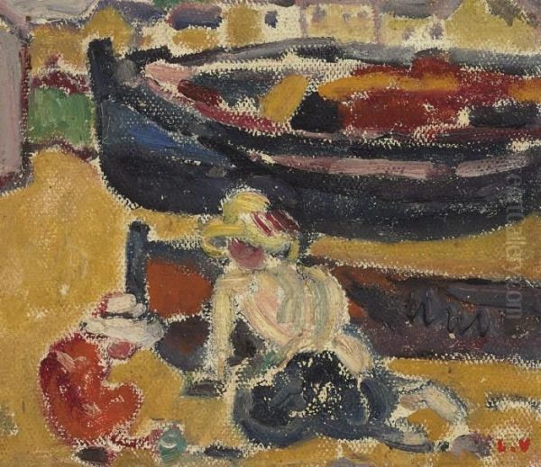 Femme Et Enfant Jouant Devant Les Barques - view 1