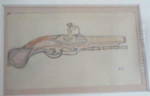 Dessin Rehausse A L'aquarelle Representant Un Pistolet A Silex Xviiieme, Monogramme Lv - view 1