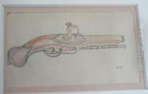 Dessin Rehausse A L'aquarelle Representant Un Pistolet A Silex Xviiieme, Monogramme Lv
