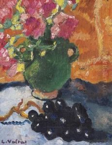 Pot Vert, Fleurs Roses Et Raisins Pot Vert, Fleurs Roses Et Raisins