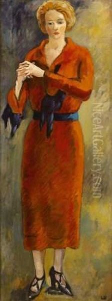 Portrait De Mme Valtat Debout Mains Jointes A Droite - view 1