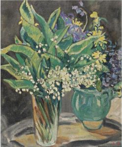 Vase De Muguet Et Cruche Verte, Fleurs Bleues