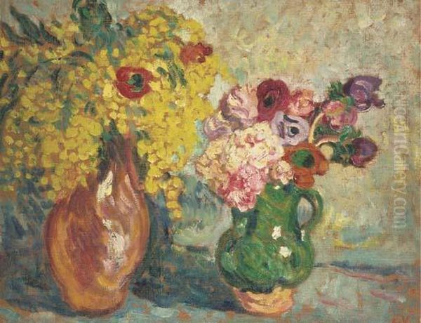 Mimosas Dans Un Pot Vert, Anemones Dans Un Vase - view 1