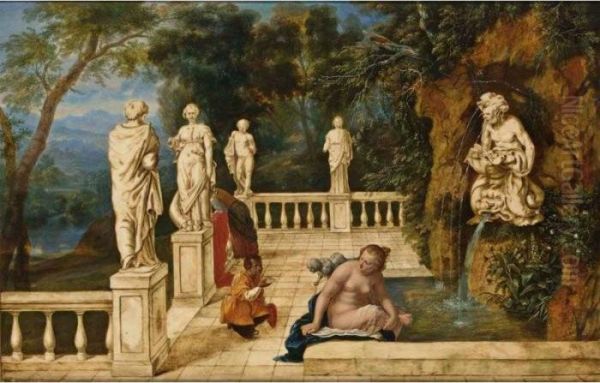 Bathsheba Receiving A Letter 
Announcing The Death Of Her Husband Uriah's Death, In An Architectural 
Capriccio With A Sculpted Fountain And A Distant Landscape - view 1