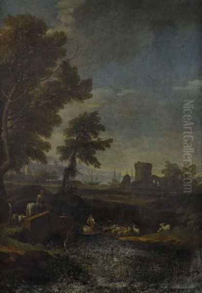 A Figure On A Country Path
Before A Mountainous Landscape; And Drovers Grazing Their Cattle, A
Coastal Landscape Beyond - view 1