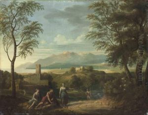 A Classical Coastal Landscape With Figures Resting In Theforeground, Mountains Beyond