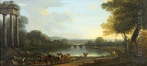 Pastoral River Landscape With Figures By Ruins At Sunset