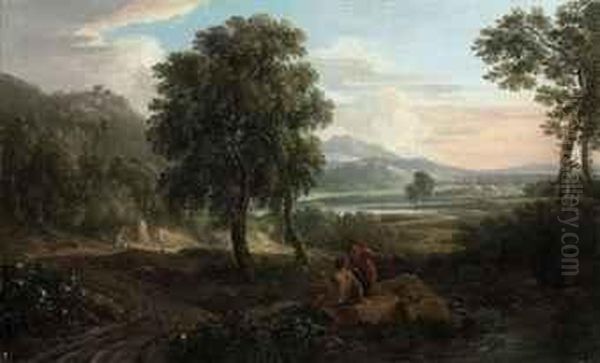 A Wooded River Landscape, With
Figures And Sheep On A Track, Afortified Town And Mountains Beyond - view 1