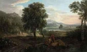 A Wooded River Landscape, With
Figures And Sheep On A Track, Afortified Town And Mountains Beyond by Jan Frans Van Bloemen (Orizzonte)