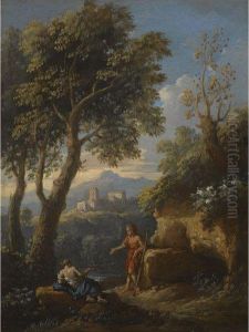 A View Of The Roman Campagna With Two Figures Conversing On A Path,a Settlement Beyond