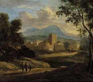 A Classical Italianate River Landscape With Figures Conversing On Atrack