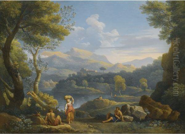 An Italianate River Landscape 
With Figures Resting In Theforeground And Hilltop Towns Beyond - view 1