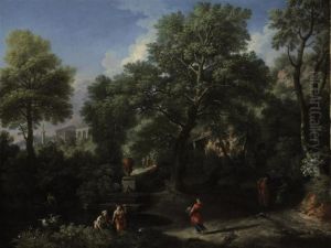 An Arcadian Landscape With Figures, A Classical Temple Beyond by Jan Frans Van Bloemen (Orizzonte)