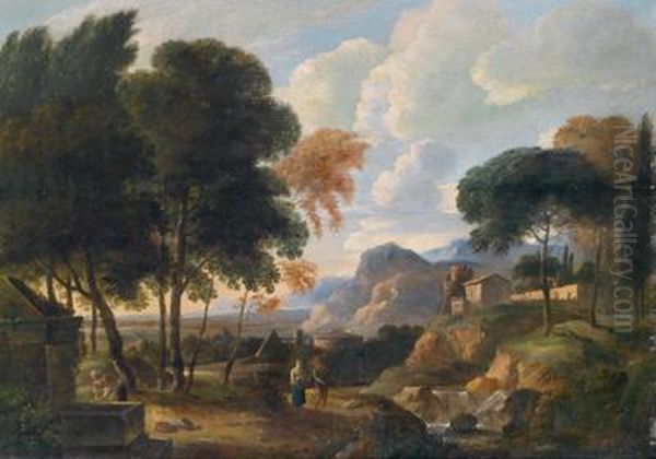 Sudliche Landschaft Mit Einer Klosteranlage Und Landleuten An Einem Brunnen - view 1
