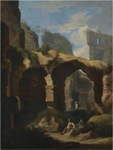 A Landscape With Architectural Ruins And Figures by Jan Frans Van Bloemen (Orizzonte)