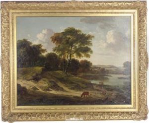 Peasants With Their Cattle On A Wooded Path By A River