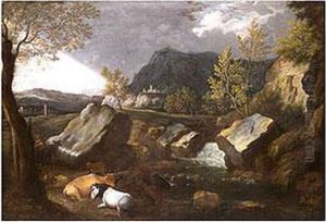 Landschaft Mit Wasserfall, Tieren Und Burgberg In Gewitterstimmung by Jan Frans Van Bloemen (Orizzonte)