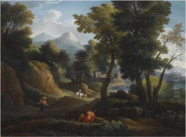 An Italianate Wooded Mountainous
Landscape With A Figure Resting Inthe Foreground, Other Figures On A
Path Near A River, A View Of Aruined Castle Beyond - view 1