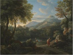 An Italianate Landscape With Figures Conversing Before A Lake,mountains Beyond