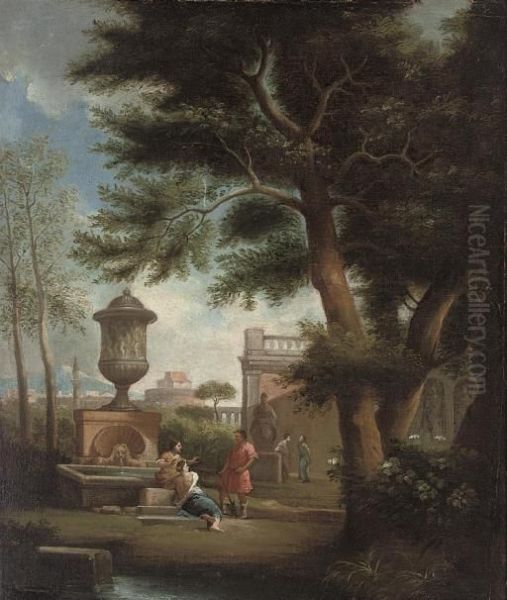 A Classical Landscape With Figures Conversing By A Fountain - view 1