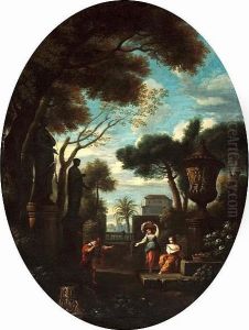 Figures In A Garden In A Classical Landscape;also A Companion Landscape (a Pair) by Jan Frans Van Bloemen (Orizzonte)