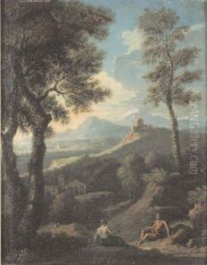 Deux Personnages Au Repos Dans Un Paysage Italien Sur Sa Toile D'origine. Deux Personnages Au Repos Dans Un Paysage Italien Sur Sa Toile D'origine.