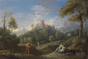 An Extensive Mountainous Landscape With Figures On A Path, A Castle Beyond