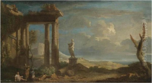 An Extensive Landscape With 
Figures Seated Beneath A Ruined Classical Temple, A Capriccio View Of 
The Colosseum And The Ocean Beyond - view 1