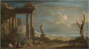 An Extensive Landscape With 
Figures Seated Beneath A Ruined Classical Temple, A Capriccio View Of 
The Colosseum And The Ocean Beyond