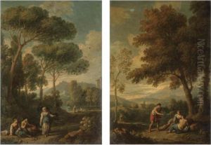 A Pair Of Views Of The Roman Campagna With Figures Conversing