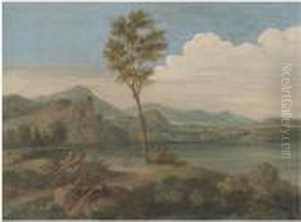 An Arcadian Landscape With Two 
Figures Resting In The Foreground, Figures Boating In A River Beyond - view 1